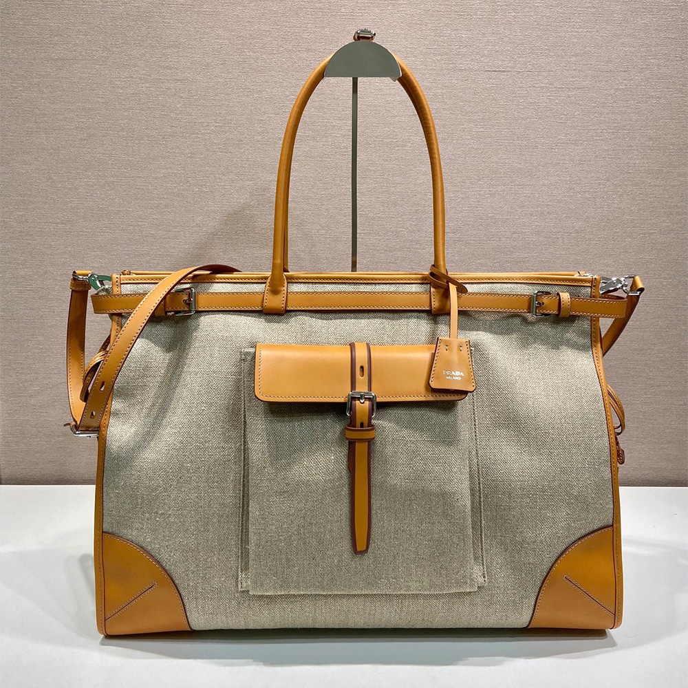 Pra*a Exlarge Bonnie linen and leather tote bag(HIGH-END GRADE)